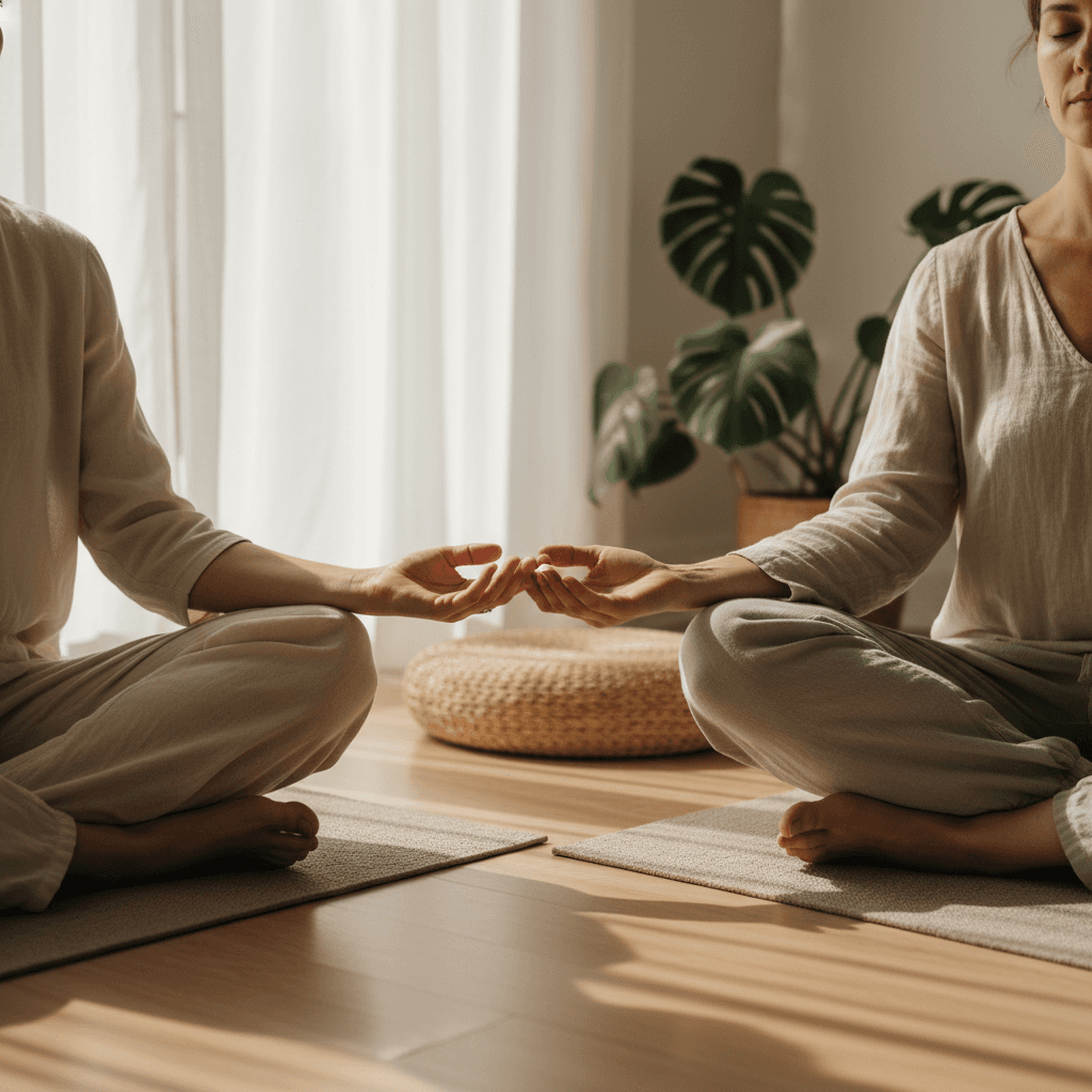 Wellness practitioner's hands guiding client through breathing exercise in serene, sunlit studio space